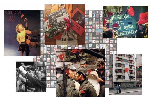 Colagem de fotografias: Imagens simbólicas da celebração do 25 de Abril que remetem para o ano de 1974